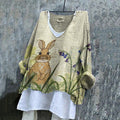 Women's Rabbit Floral Embroidery Linen Blend Shirt elevenforest