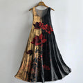 Women's Retro Rose Flower Art Print Sleeveless Cotton Pocket Dress