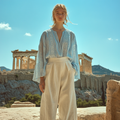 Greek Key Linen Women's V-neck Shirt elevenforest