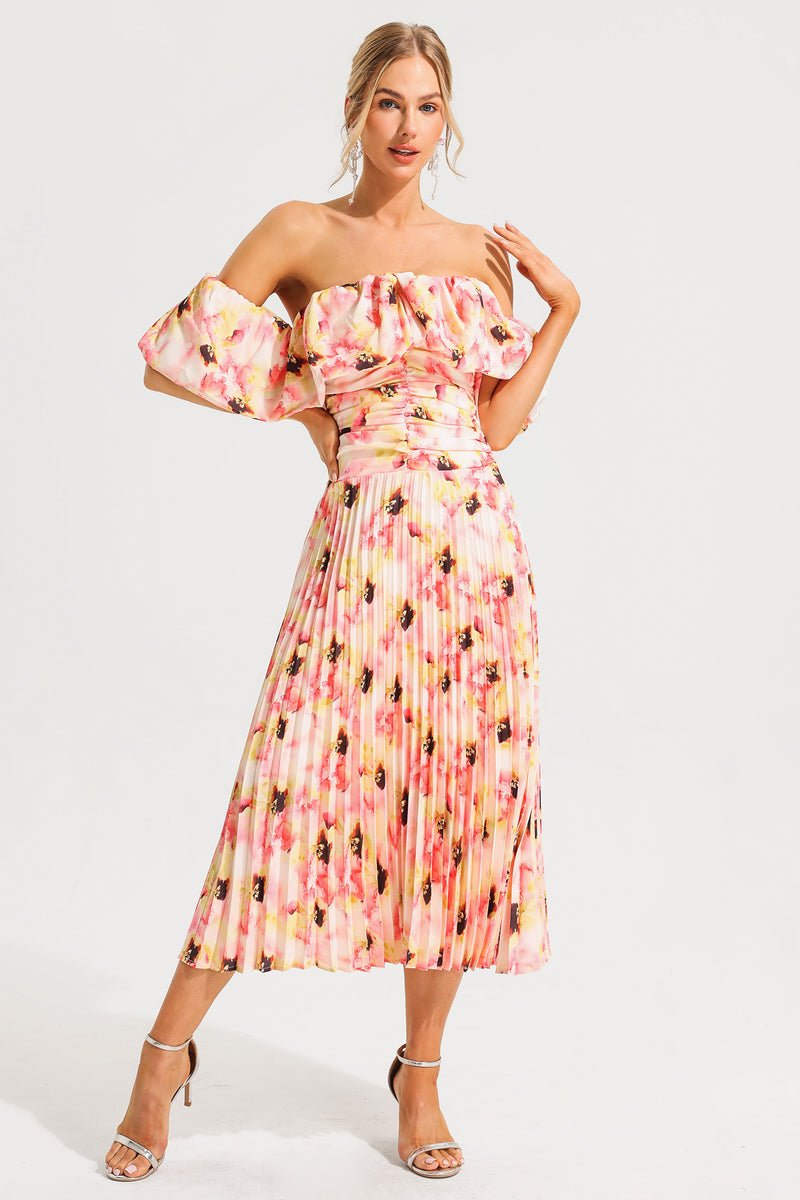 Off-shoulder Puff Sleeve Pleated Midi Dress Pink