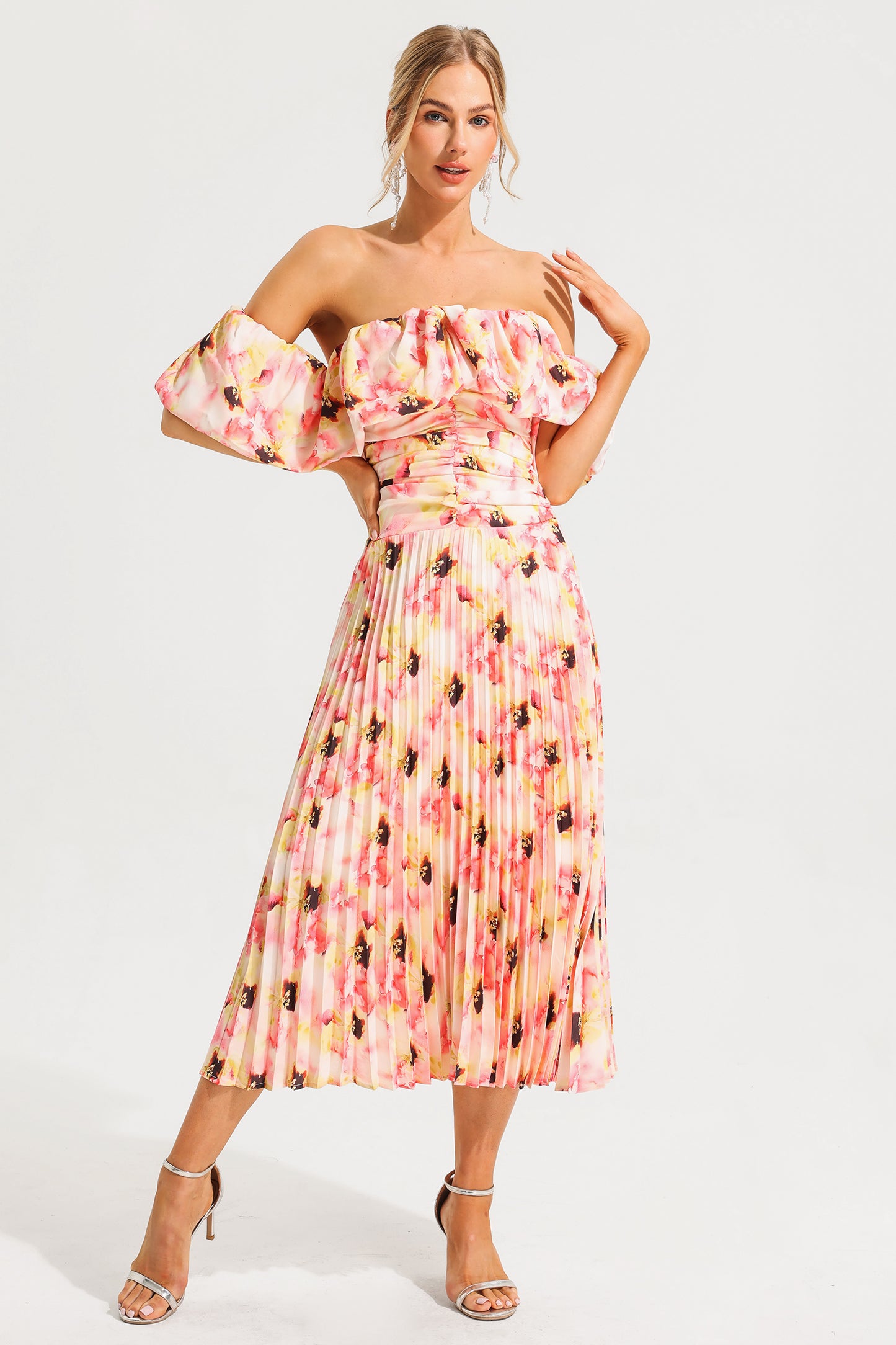 Off-shoulder Puff Sleeve Pleated Midi Dress Pink