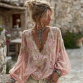 Women's Pink Floral Embroidery Art V-neck Long Sleeve T-shirt elevenforest