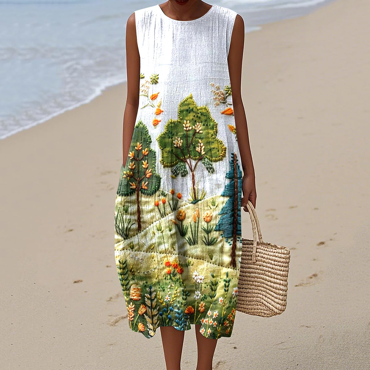 Vintage Loose  Hometown Rural Farm Tree And Floral Art Sleeveless Cotton And Linen Tank Dress elevenforest