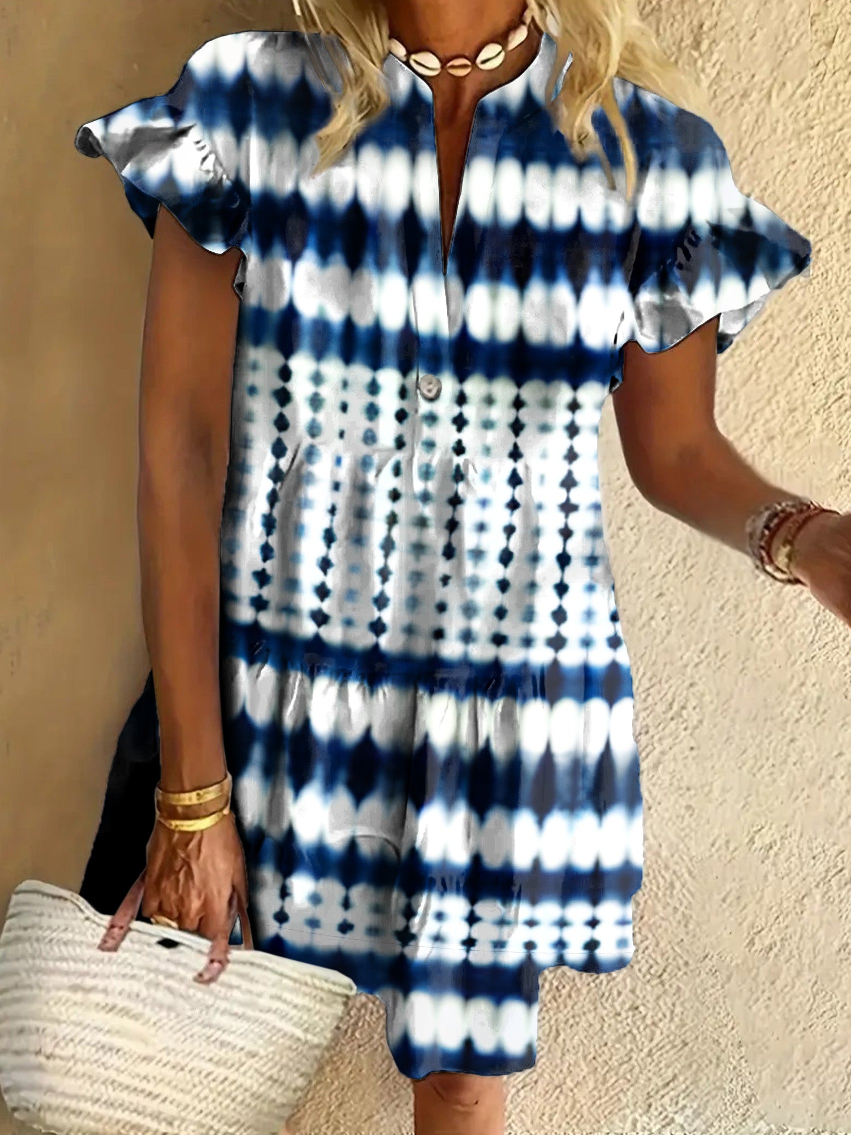Retro Tie-Dye Stripes Ruffled Short-sleeved V-neck Buttoned Dress Vacation Beach Dress