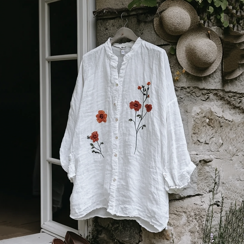 Vintage Floral Embroidery Art Button Cotton Linen Blend Loose Blouse elevenforest