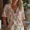 Vintage Rose Embroidery Art V-neck Short-sleeved Shirt elevenforest