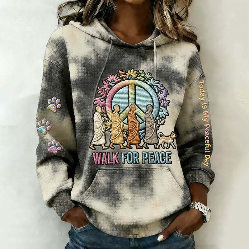 Comstylish Peace Walking In Hippie Tie Dye Art Embroidered Art Print Casual Hooded Sweatshirt