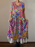 Women's Art Painting Hippie Vintage Floral Print V Neck Dress