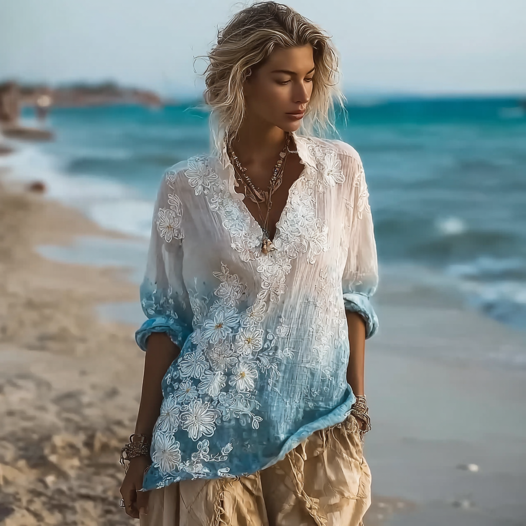 Bohemian Style Gradient Color Design Floral Pattern Women's V-neck Shirt elevenforest