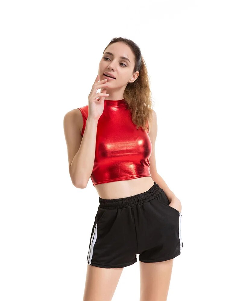 Crop Top Shiny Material Leather Sleeveless Vest Sports Tank Tops Gold Silver Shining Colorful Green Red Clothes