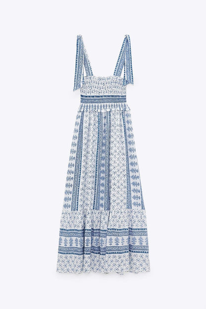 Lace Up Smocking Frill Midi Dress