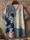 Comstylish Japanese Art Retro Geometric Patchwork Plant Flower Print Women's V-neck Cotton And Linen Top