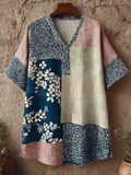Japanese Art Retro Geometric Patchwork Plant Flower Print Women's V-neck Cotton And Linen Top elevenforest