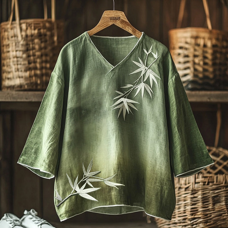 Retro Gradient Bamboo Embroidery Japanese Art Linen Blend Cozy Tunic elevenforest