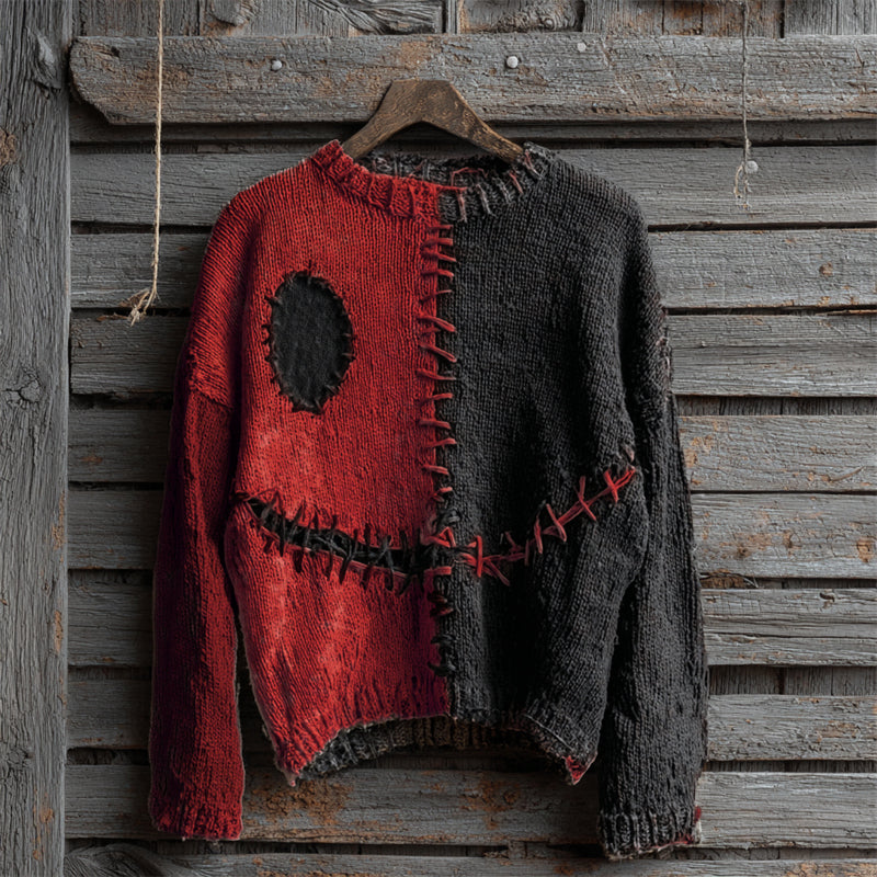 Halloween Spooky Face Contrast Stitched Cozy Knit Sweater elevenforest