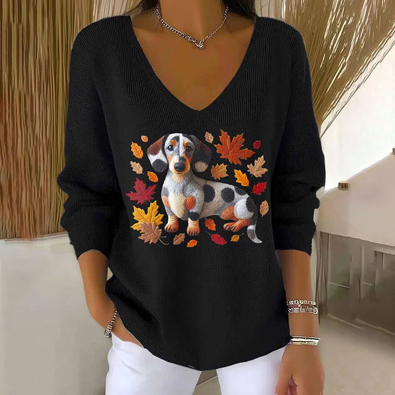 Comstylish Women's Lovely Autumn Dog Art Print Casual Pullover Sweater