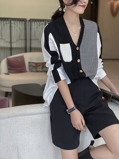 Urban Long Sleeves Contrast Color Split-joint V-neck Cardigan Tops