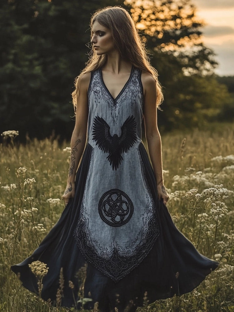 Mystical Viking Raven Embroidery Linen Maxi Dress elevenforest