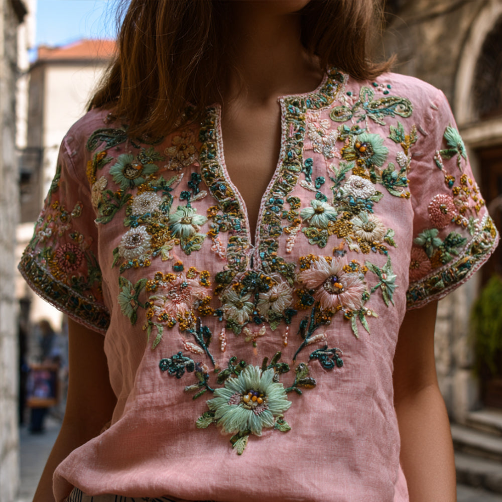 Bohemian Style Pink And Green Three-dimensional Flower Embroidery Vintage V-neck Short-sleeved Shirt elevenforest