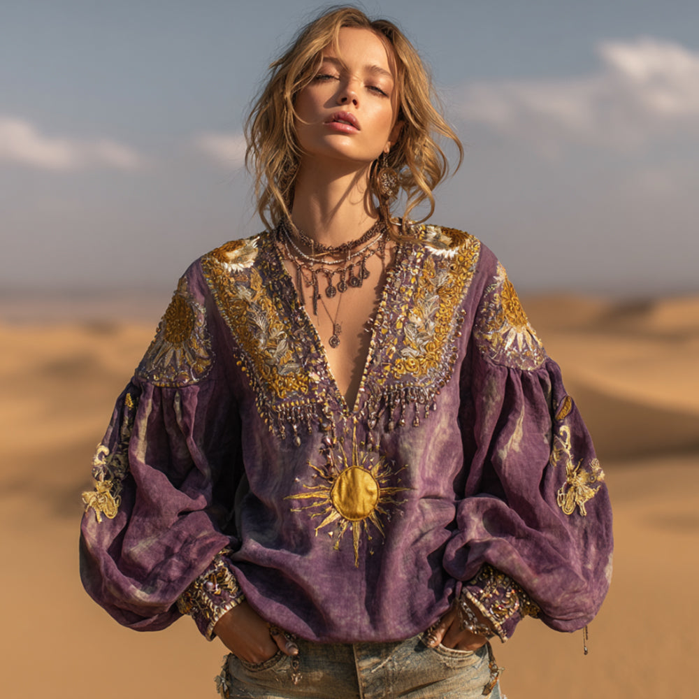 God Of The Sun Tie-dyed Linen V-neck Top elevenforest