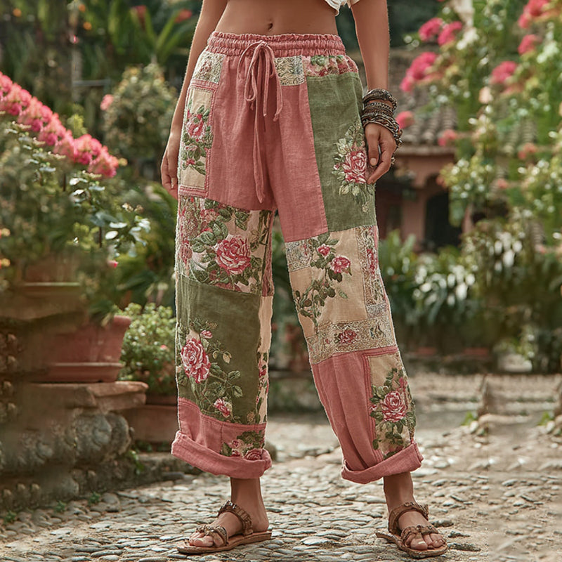 Vintage Retro Rose And Floral Patchwork Art Linen Pants elevenforest