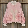 Women's Boho Bunny And Rose Embroidery  Knit Crew Neck Sweater elevenforest