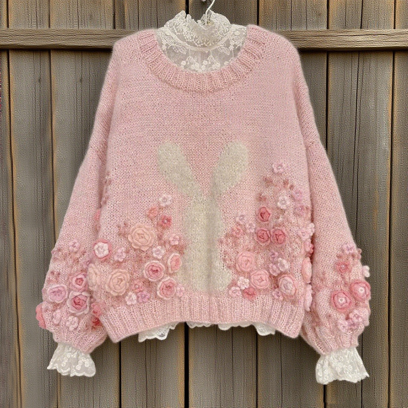 Women's Boho Bunny And Rose Embroidery  Knit Crew Neck Sweater elevenforest