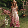 Love & Health Collection Retro Western Women Style Vintage Gradient Rose And Floral Patchwork Art V Neck Linen Maxi Dress elevenforest
