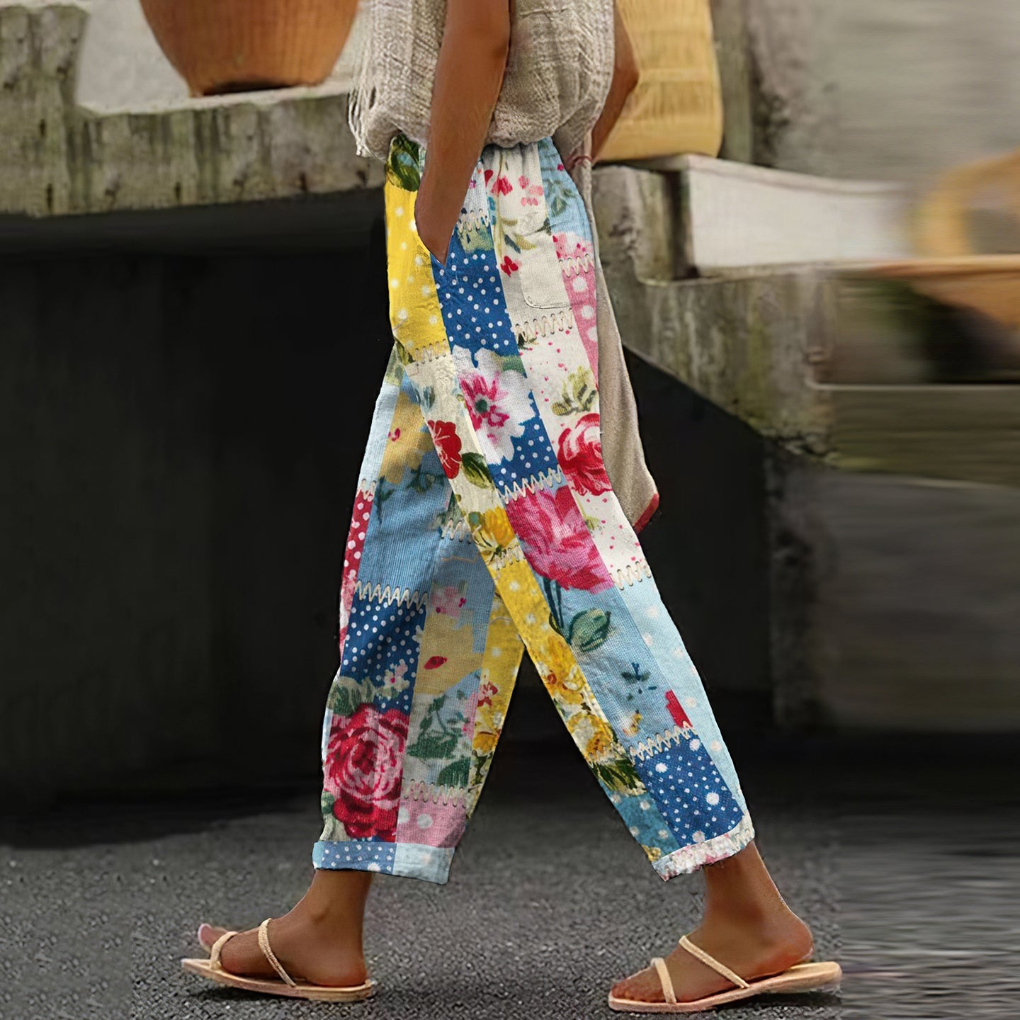 Women's Vintage Floral Patchwork Cotton And Linen Casual Pants elevenforest