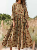 Women's Vintage Floral Art Print Crew Neck Pocket Cotton Dress