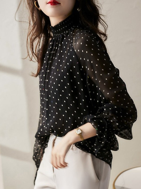 Flared Sleeves Long Sleeves Elasticity Mesh Polka-dot See-through Mock Neck Blouses&shirts Tops