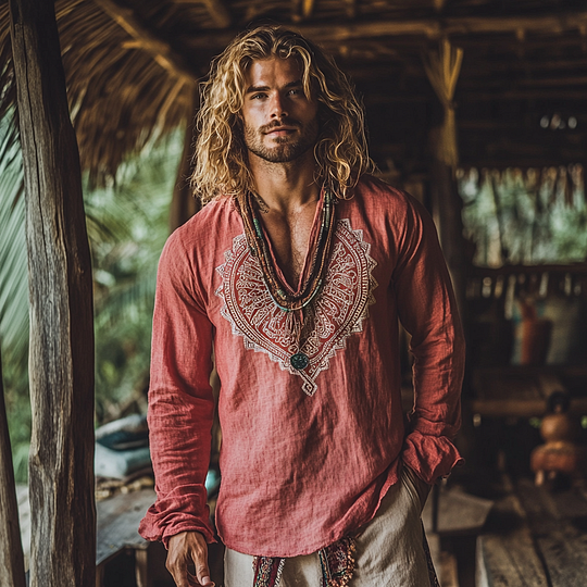 Men's Bohemian Linen Printed Casual Long Sleeve Tops elevenforest