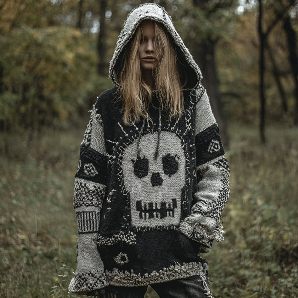 Women's Vintage And Quirky Skull Patchwork Pattern Vintage Hooded Sweater elevenforest