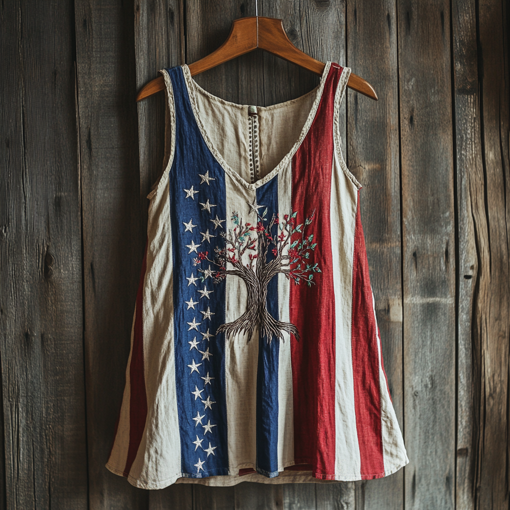 Women's Independent Day American Flag With Tree Of Life Art Vintage Linen Sleeveless Tank Top elevenforest