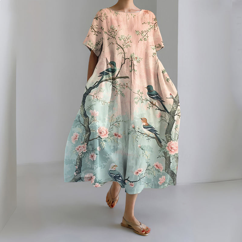 Comstylish Women's Casual Japanese Floral And Bird Gradient Art Print Dress