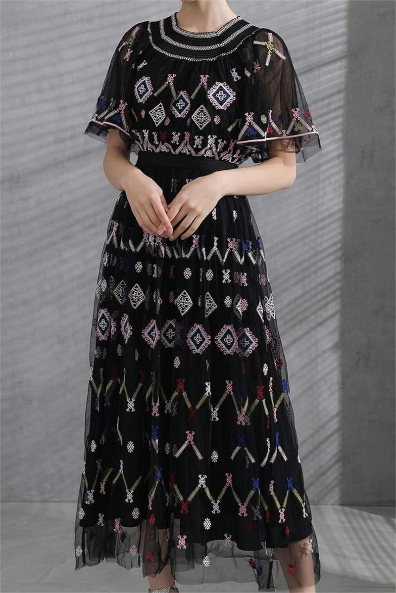 Mesh Embroidered Smocking Midi Dress