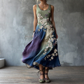 Classy Gradient Japanese Sakura Cherry Blossoms Embroidered Pattern Linen Round Neck Long Dress elevenforest