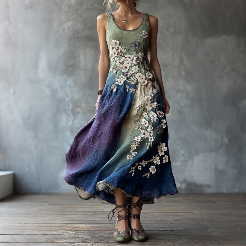 Classy Gradient Japanese Sakura Cherry Blossoms Embroidered Pattern Linen Round Neck Long Dress elevenforest