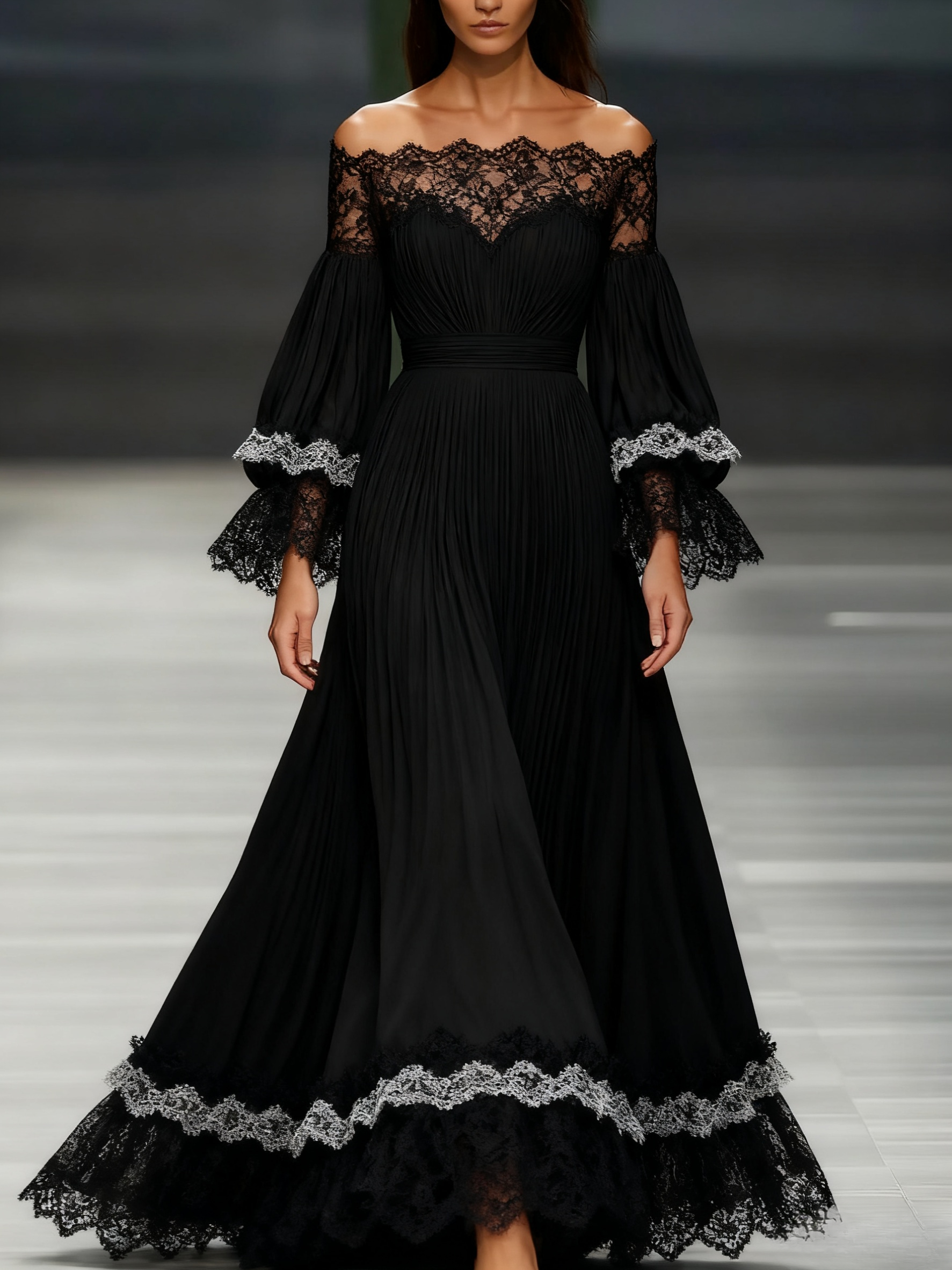 Women's off-the-shoulder long-sleeved green chiffon dress