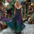 Women's Vintage Floral Embroidered Linen Maxi Dress