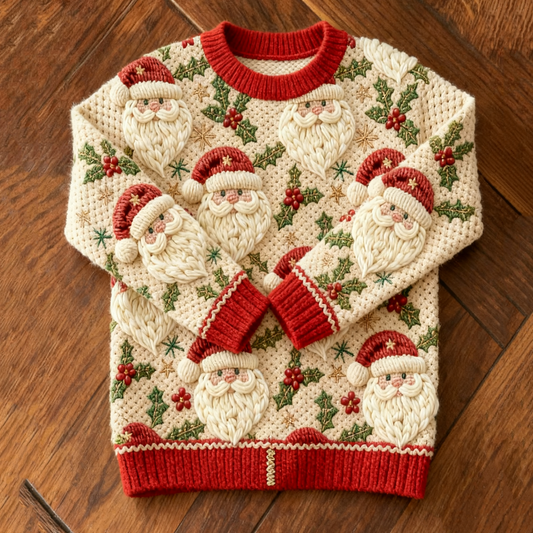 Women's Santa Claus Head Print Contrast Knit Sweater artswardrobe
