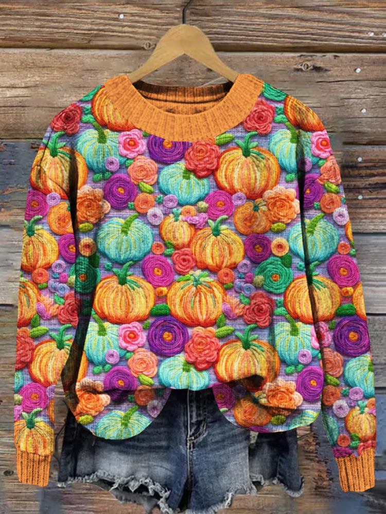 Bright Rainbow Pumpkins Embroidery Art Comfy Sweater artswardrobe