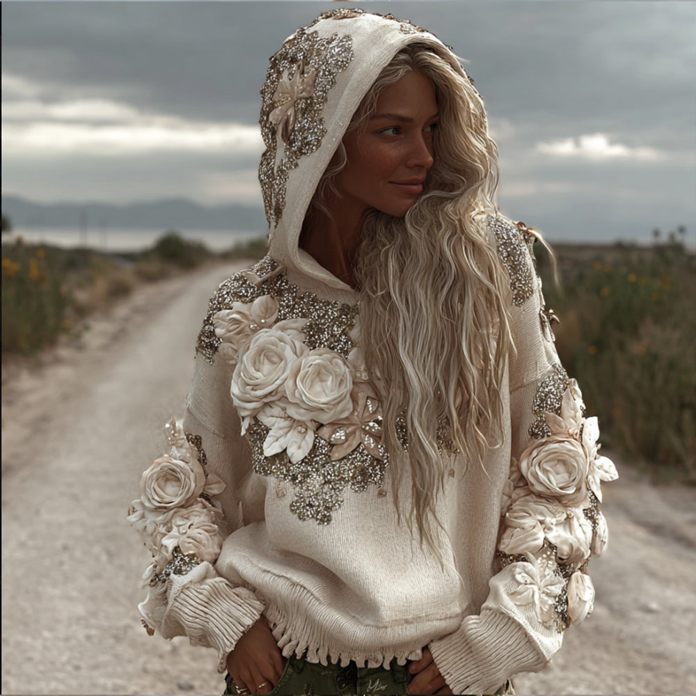 Rose Embroidery Sequin Casual Long-sleeved Hoodie elevenforest