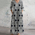 Geometric Print V-neck Linen Blend Midi Dress elevenforest