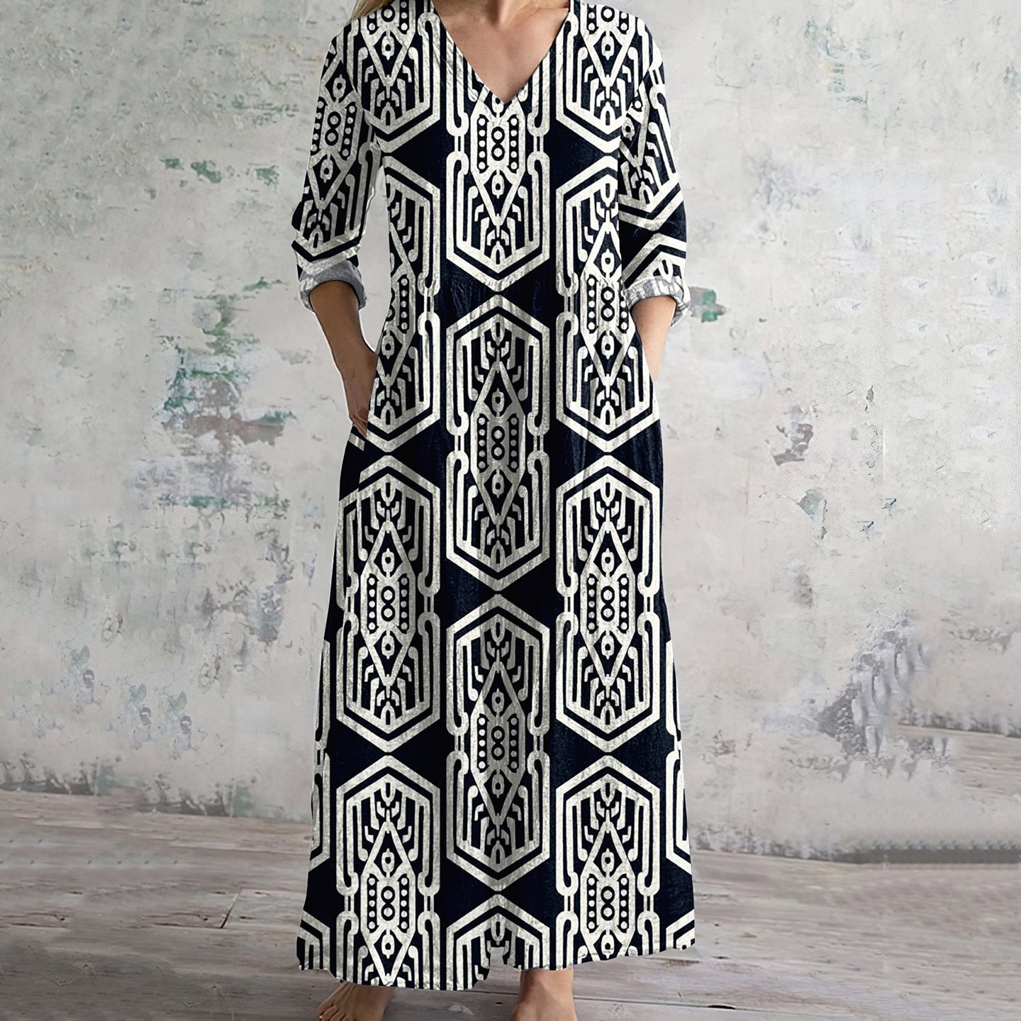 Geometric Print V-neck Linen Blend Midi Dress elevenforest