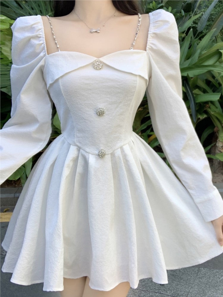 Korean Style Mini Dress Long Sleeve Square Collar Spring High Waist Female Birthday Party Vestidos Mujer