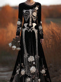 Vintage Pearls Skeleton Roses Cozy Velvet Maxi Dress elevenforest