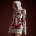 Comstylish Women's Vintage Skeleton Roses Art Cozy Knit Hooded Mini Sweater Dress