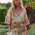 Women's Scenery Oil Painting Embroidery Patchwork Comfy Middle Sleeve Shirt elevenforest