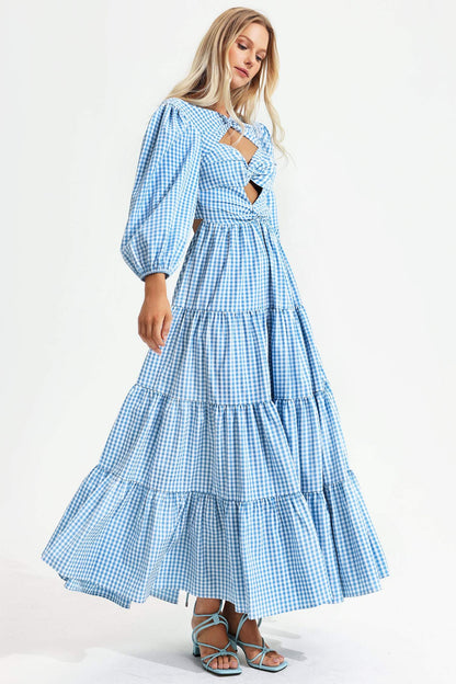 Puff Sleeve Cut-out Tiered Ruffle Hem Backless Maxi Dress